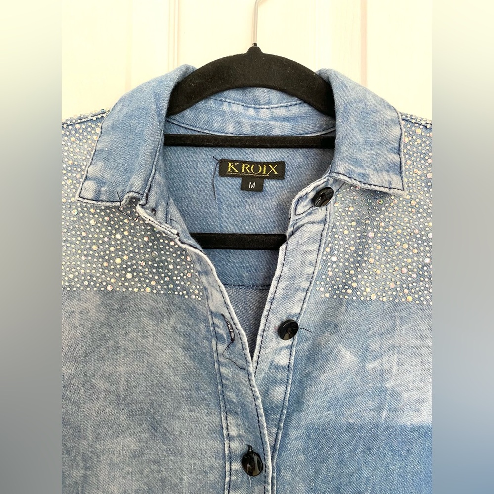 KROIX Cotton Rhinestones Details Raw Hem Hi Lo Denim Button-Up Shirt Dress Sz M - Picture 6 of 17